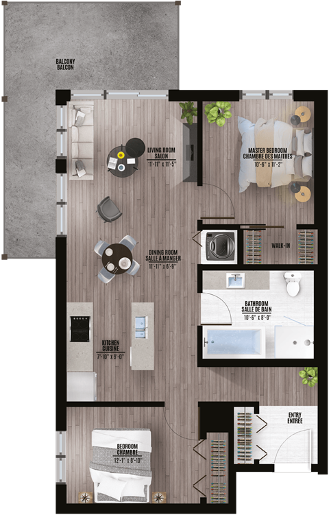 Floor plan for 2 beds, 1 bath, 889 sqft